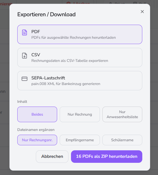 Prisma Schools, Rechnungsübersicht & Export im Detail