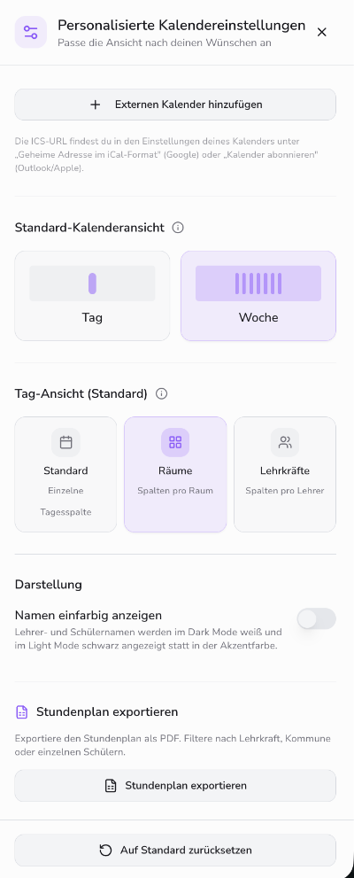 Standardansicht & Export