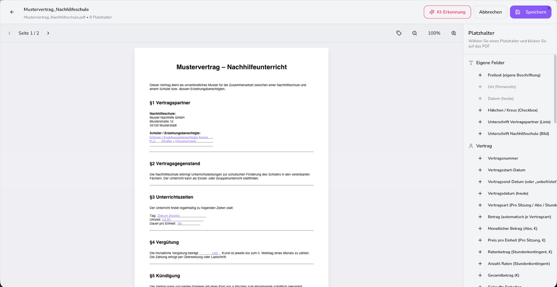 Vorlage wählen & Vertrag erstellen